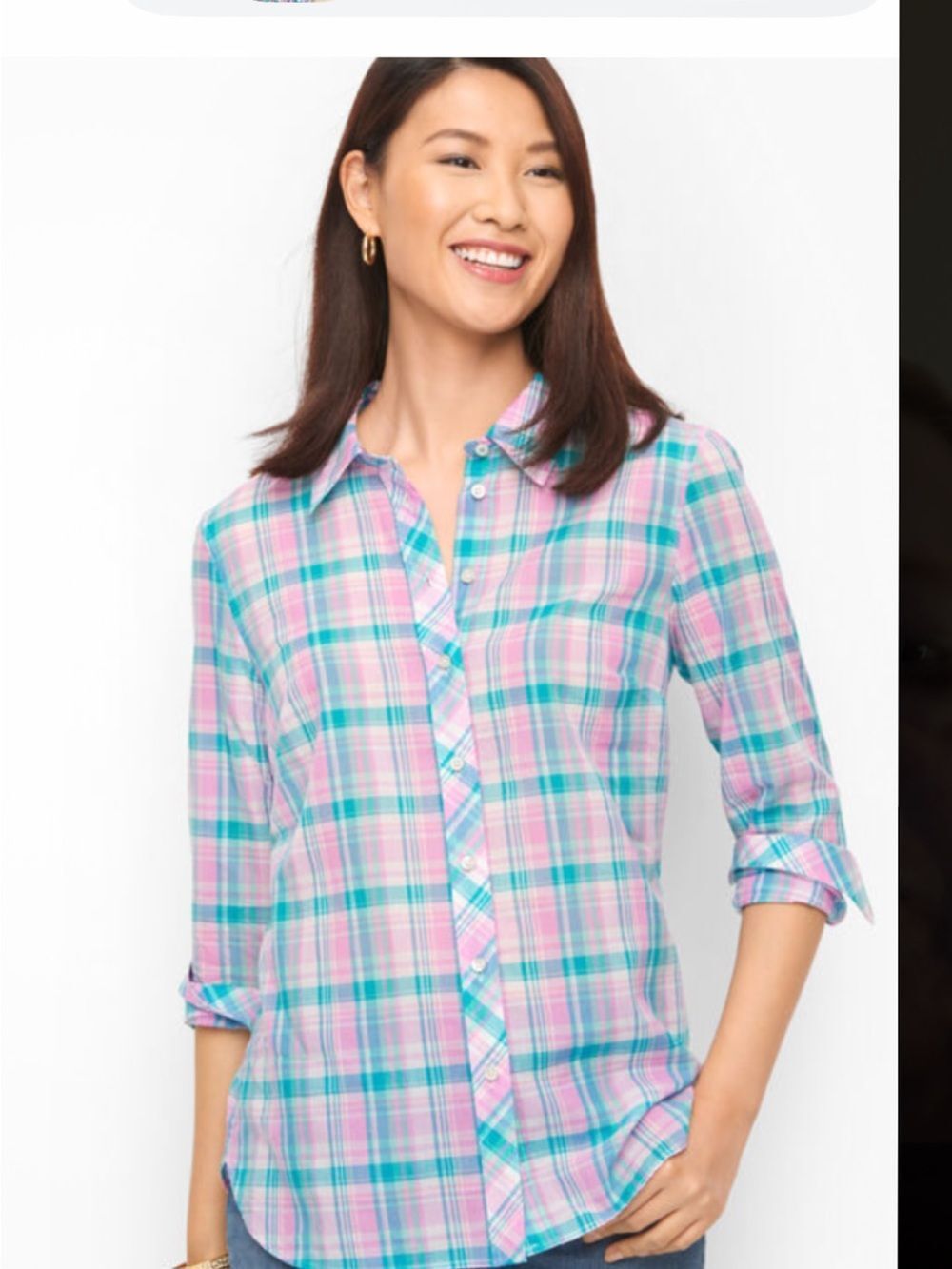 Talbots Pink/Teal Tulip Plaid Button-Down Soft Light Cotton Shirt Size 3X